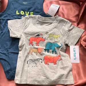 Carter's Boys Size 9M Animal T-Shirt and Carters Size 12m Blue Onesie NWT Bundle